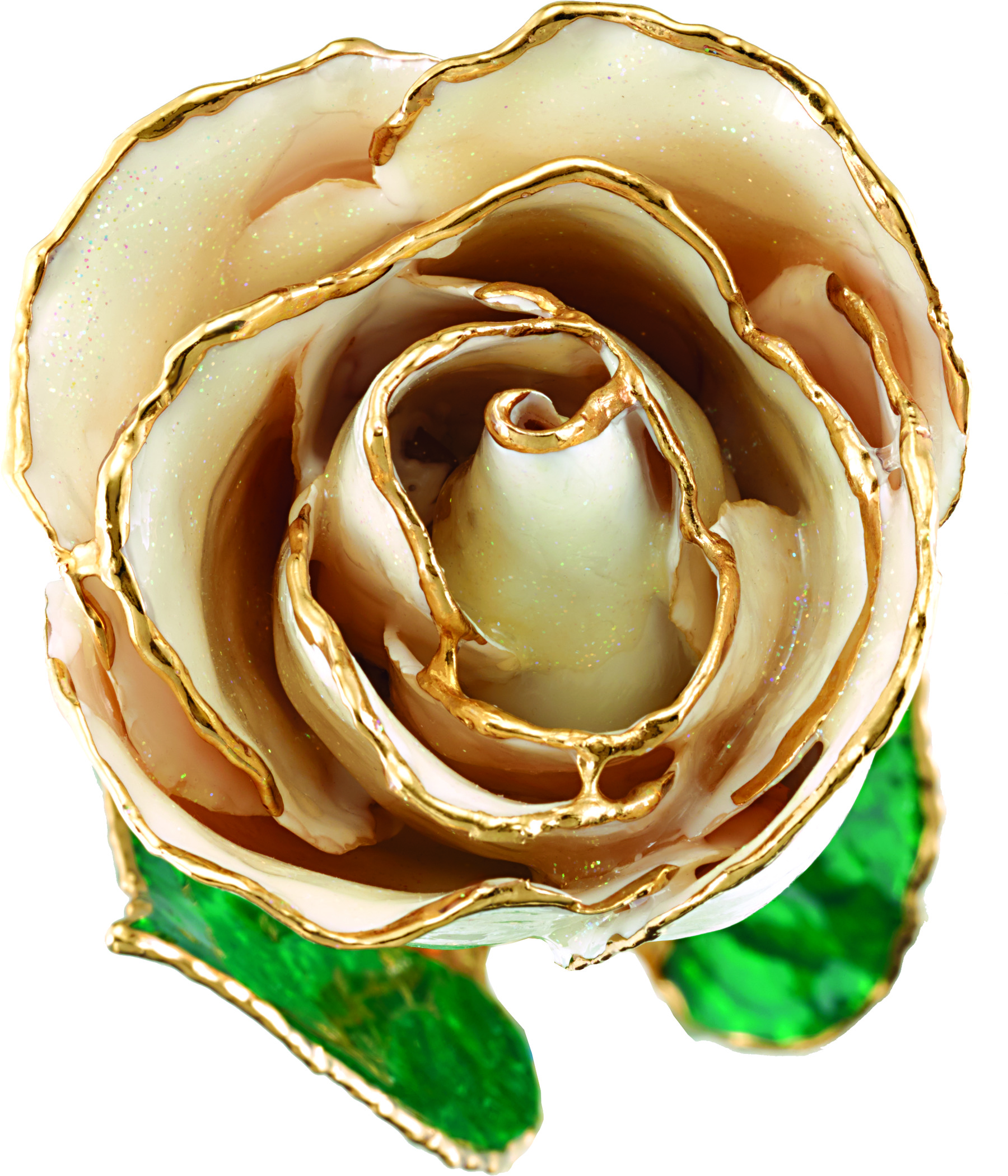 April Lacquered Sparkle White Diamond Colored Rose with Gold Trim 